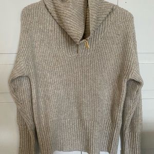 Ivory Ribbed Zip Turtleneck Sweater
